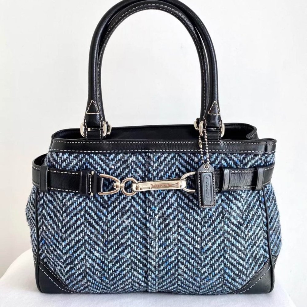 COACH HAMPTON TWEED BAG PURSE BLUE/BLACK F11215